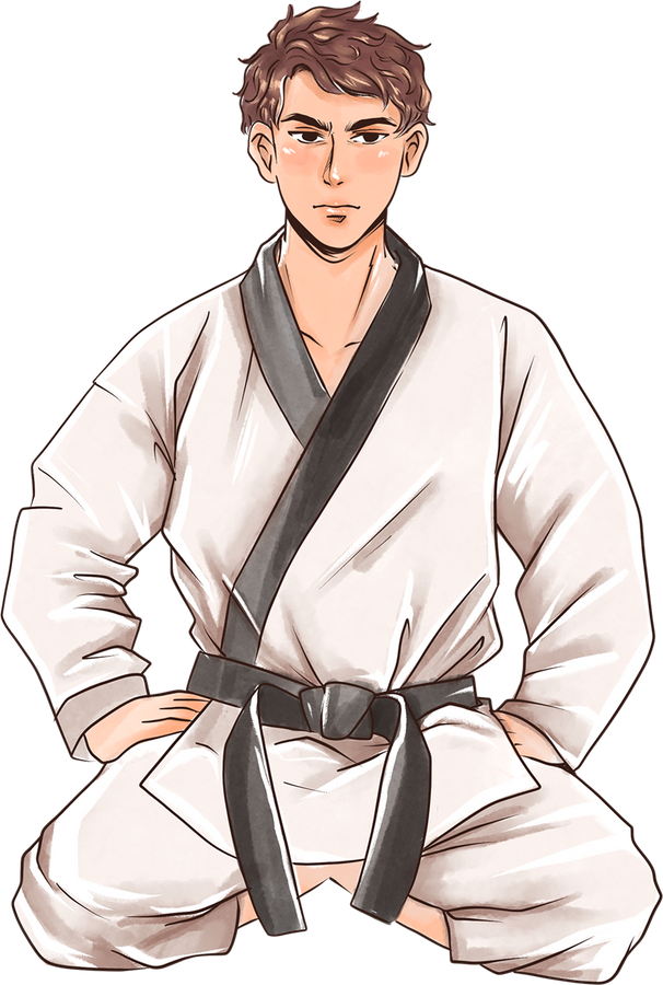 Manhwa-Inspired Taekwondo Man Kneeling Position